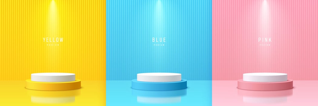Set of yellow, blue, pink and white realistic 3d cylinder pedestal podium with spotlights background. Abstract vector rendering geometric forms. Minimal scene. Stage showcase, Mockup product display.