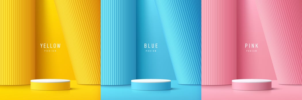 Set of yellow, blue and pink realistic 3D cylinder pedestal with vertical pillar background. Abstract vector rendering geometric forms. Mockup product display. Pastel minimal scene. Stage for showcase