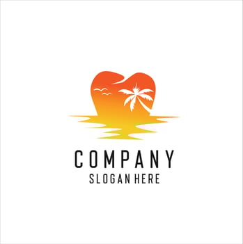 Dentistry Sunrise Logo Design Simple Stock Vector. dental on the beach logo design inspiration. vector