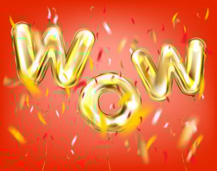 Wow lettering by foil golden balloons in red air with confetti vector