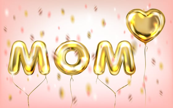 Mom Love lettering by foil golden balloons in pink confetti vector