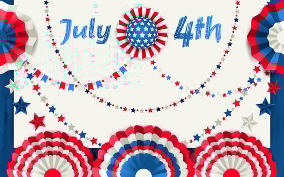 Independence Day card with paper fans hanging on a wooden blue fence. Red, blue and white colors vector