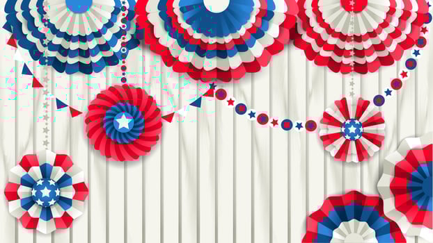 Patriotic template with paper fans hanging on a wooden white fence. Red, blue and white colors vector