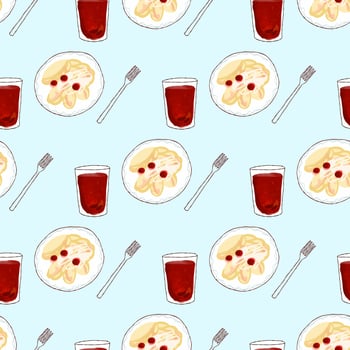 Seamless pattern with Illustration plate dessert vareniki with fruit compote. vector