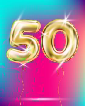 Gold foil balloon fifty 50 number on disco rainbow gradient background vector