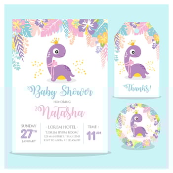 set of Baby shower card with coaster and thank you tag. little dinosaur girl theme party vector