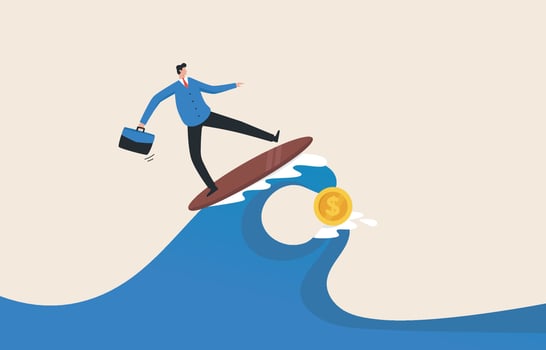 Investment challenges. Business or career challenges. Confronting the peak of the profit point.Stock market, crypto currency market. Investment risk. businessman surfing giant waves. vector