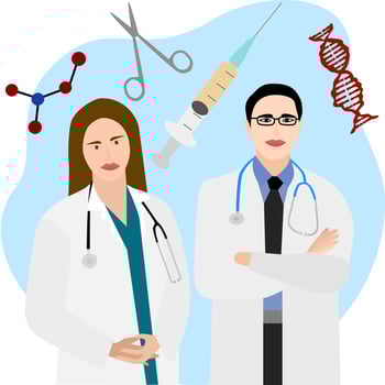 Medical service, female and male doctors.Character cartoon illustration. vector