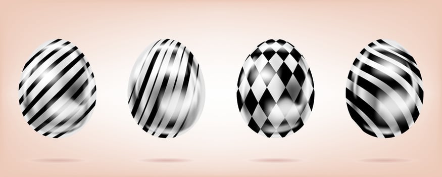 Four silver eggs on the pink background. Isolated objects for Easter decoration. Stripes and diamonds ornate vector