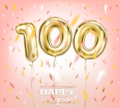High quality vector image of gold balloon hundred. Design for anniversary, coral pink background
