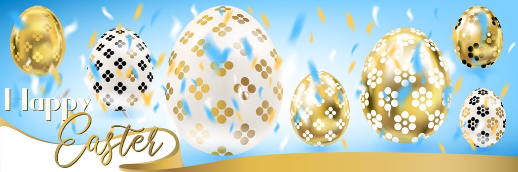Easter banner with golden eggs and confetti in the sky with silk ribbon vector