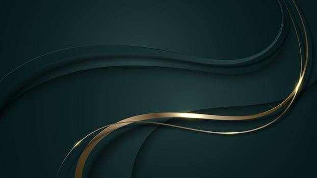 Abstract 3D luxury green color wave lines with shiny golden curved line decoration and glitter lighting on gradient dark background vector
