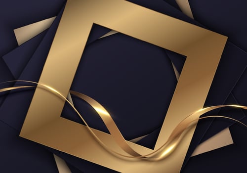 Abstract elegant 3D golden squares frame paper cut with gold ribbon wave line on blue background luxury style vector