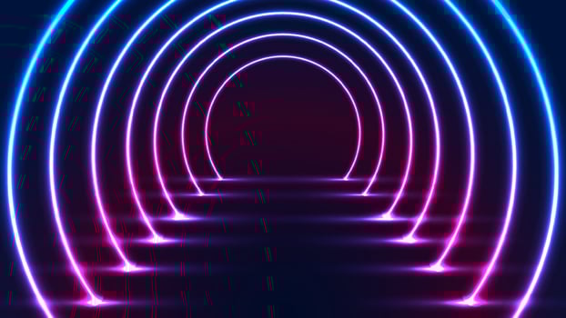 Abstract glowing neon lighting rounded tunnel walkway technology futuristic retro style vector