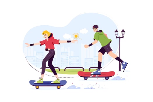 School girl and boy skateboarding at street vector
