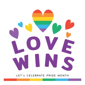 Flat Love wins quote lable. For celebrate Pride month with Lgbtq rainbow heart stickers. vector
