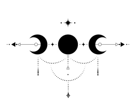 Triple Moon, Sacred Geometry, mystical arrows and crescent moon, dotted lines in boho style, wiccan icon, alchemy esoteric mystical magic sign. Spiritual occultism vector isolated on white background