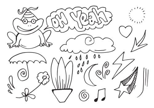 Vector illustration Hand drawn frog sketch with arrow,heart,rain,star,firework and clouds and other element design. Line design.