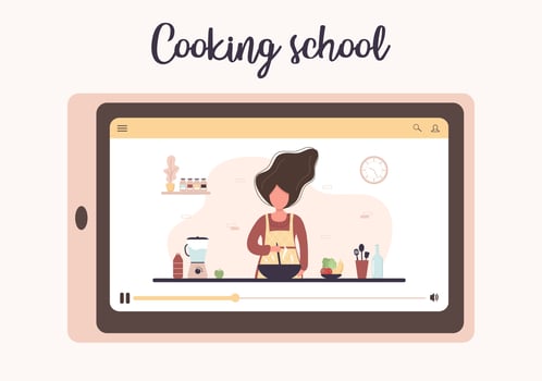 Cooking school. Online culinary master class. Girl preparing homemade meals for lunch or dinner. The chef teaches to cook. Learning at home. Flat cartoon vector illustration.