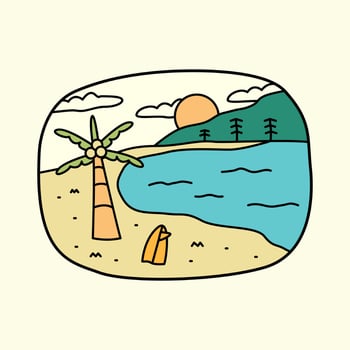 beach and surfboard on the beach for badge, sticker, patch, t shirt design, etc vector