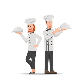 illustration of two chefs with covered dishes isolated on white vector