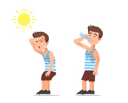 A child feels hot then drinks mineral water vector