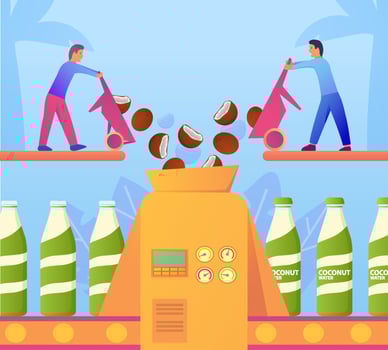 Factory conveyor coconut milk vegan products. Two cartoon character people pour coconut pieces into a machine bottling a vegetable drink. vector