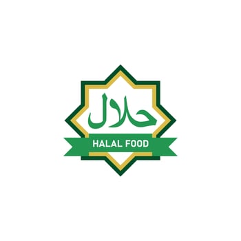 Halal food sign. Muslim product emblem. Special menu. Certificate tag. Vector illustration