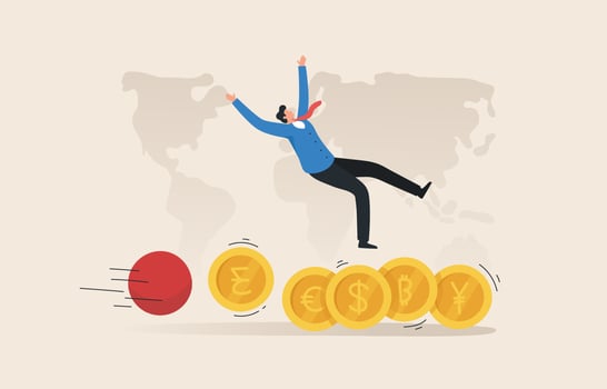 Money effect. Economic crisis or currency. The currency crisis has spread. Losing money in an economic downturn. Dollar, Euro, Pound, Yuan, Rupee, Yen, etc.  domino effect. vector