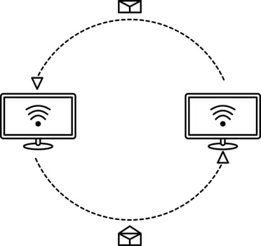 Messaging using email between computer with internet connection thin line illustration vector