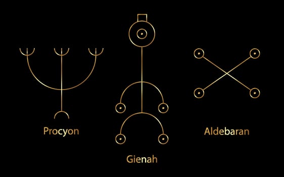 Astrology Stars, PROCYON or Canis Minor, GIENAH or Corvus, ALDEBARAN or Oculus Tauri. Set Hieroglyphic sign, hermetic kabbalistic magic symbols. Gold Line art Vector isolated on black background