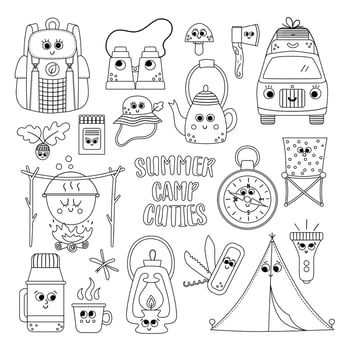 Vector black and white summer camp kawaii elements set. Camping, hiking, fishing equipment collection. Outdoor nature tourism outline icons pack with backpack, van, tent