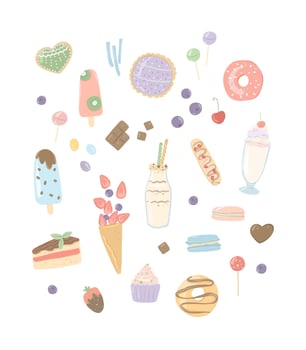 Hand drawn vector set of sweet desserts. Illustration of ice cream, cake, cocktails, chocolate.
