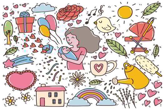 Set of Mother's doodles or happy Mother's day. vector