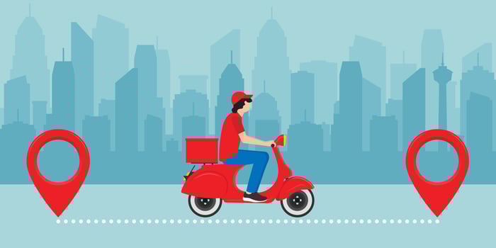 Delivery man riding a red scooter. Food delivery man.Logistics concept, city skyline in the background. vector