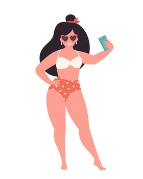 Woman in retro glasses and swimsuit making selfie or resording video. Hello summer vector
