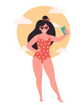Woman in retro glasses and swimsuit making selfie or resording video on sunny background. Hello summer vector