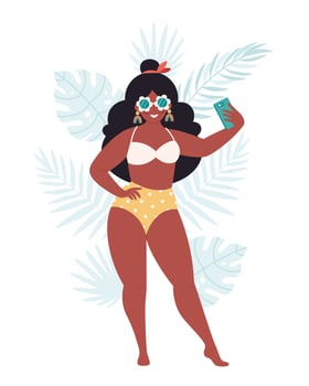 Black woman in retro glasses and swimsuit making selfie or resording video vector