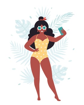 Black woman in retro glasses and swimsuit making selfie or resording video. Hello summer, summer vacation vector