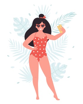 Woman in retro glasses and swimsuit making selfie or resording video on tropical leaves background. Hello summer, summer vacation vector