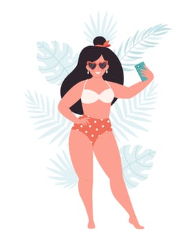 Woman in retro glasses and swimsuit making selfie or resording video. Hello summer vector