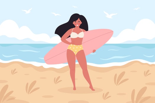 Woman with surfboard on the beach. Summer activity, summertime, surfing. Hello summer. Summer Vacation vector
