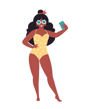 Black woman in retro glasses and swimsuit making selfie or resording video. Hello summer, summer vacation vector