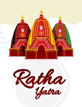 Ratha yatra festival A chariot with wooden deities of Jagannath, Baladeva and Subhadra. Holiday banner greeting card Vector illustration
