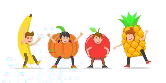 The children posing in fruit costumes vector
