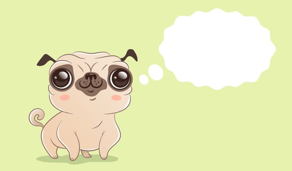 Vector cute pug dog with bubble in kawaii style.