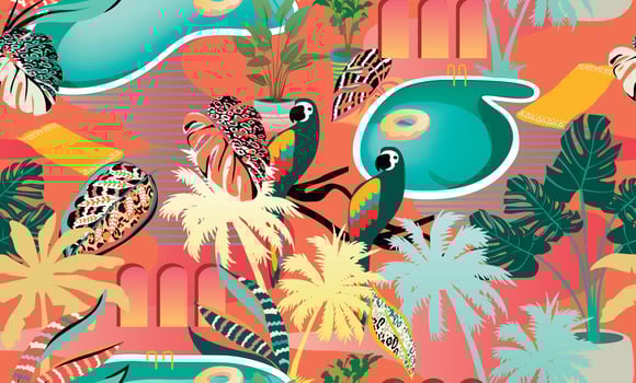 Tropical pattern with swimming pools, palms, birds, plants, and other botanical elements. Tropical pattern for textiles and decoration vector
