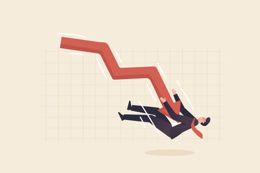 Arrow chart attacks a businessman or investor. Investment Risk, Stock market plunge, cryptocurrency or forex trading price decline, bear market concept.  x vector