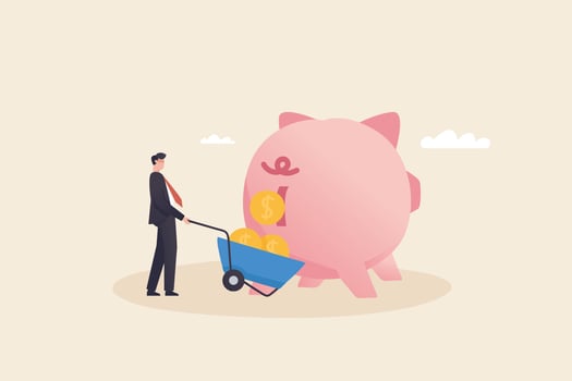 Compound interest rate money investment growth increase financial profits Long-term asset management strategy.Piggy bank poop come out the butt. vector