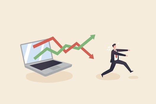 Stagflation as finance crisis or economy recession. Financial investment volatility, uncertainty or change in business and stock market. Businessman or investor run away. vector
